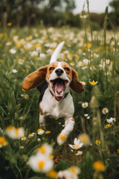 Un cane che corre attraverso un campo di fiori immagine generativa ai