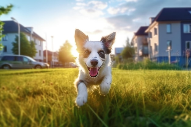 Un cane che corre attraverso un campo erboso con il sole che splende su di esso.