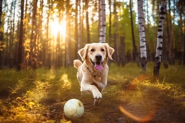 Un cane che corre con una palla nell'erba