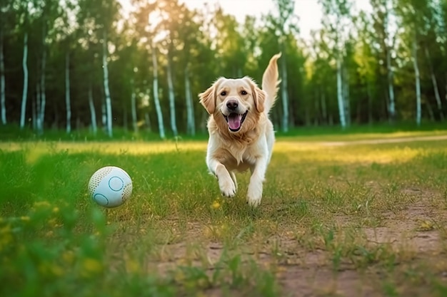 Un cane che corre con una palla nell'erba