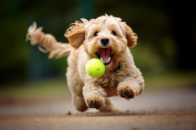 Un cane che corre con una pallina da tennis in bocca.