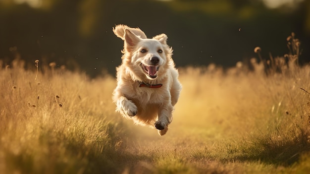 Un cane che corre in un campo con la parola cane sopra