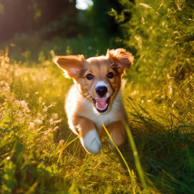 Un cane che corre nell'erba con il sole che splende su di esso.