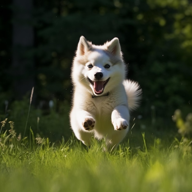 un cane che corre nell'erba con la bocca aperta