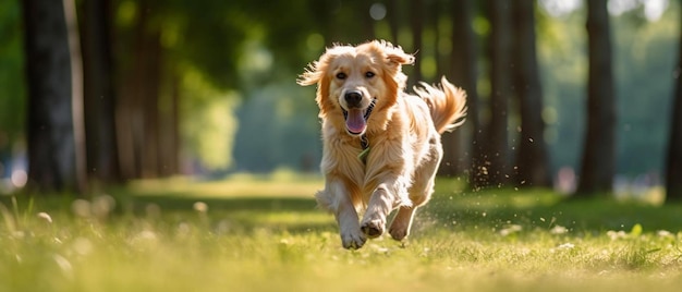 un cane che corre nell'erba con uno sfondo sfocato