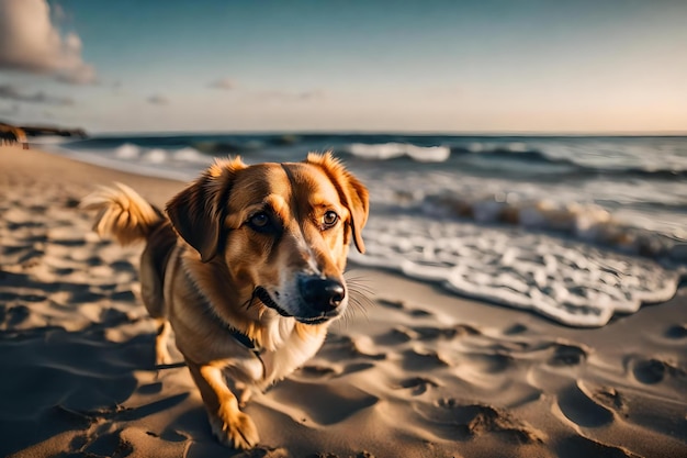 Un cane che corre sulla spiaggia al tramonto.