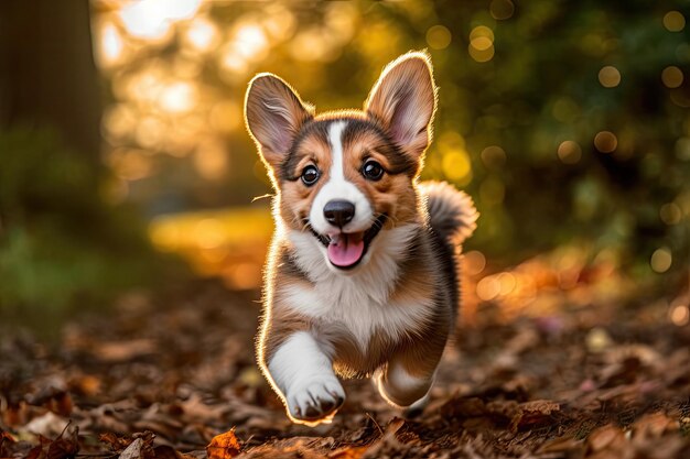 Un cane che corre sulle foglie