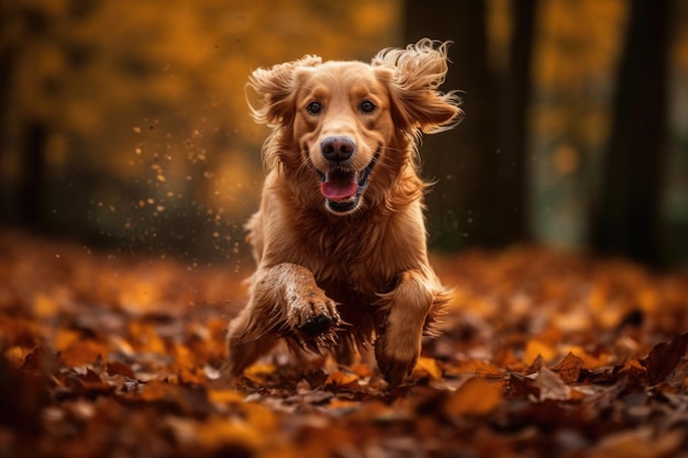 Un cane che corre tra le foglie in autunno IA generativa