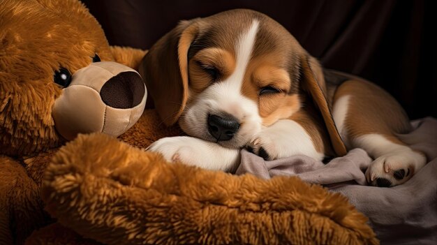 un cane che dorme con un animale di peluche sulla schiena.