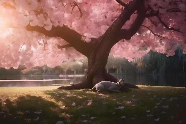 Un cane che dorme sotto un albero con fiori rosa sul terreno.