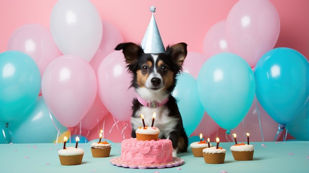 un cane che festeggia con un cappello da torta con palloncini e torta su uno sfondo rosa