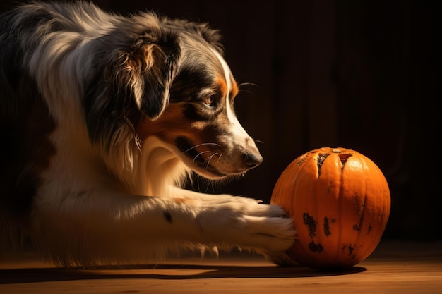 un cane che gioca con una zucca al buio