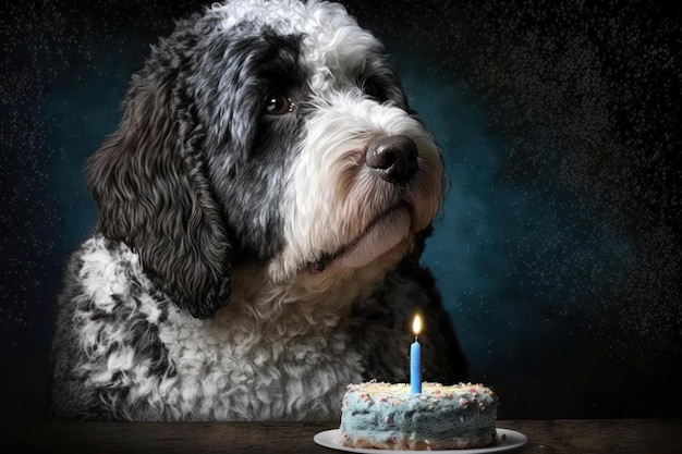 Un cane che guarda una candela blu su una torta