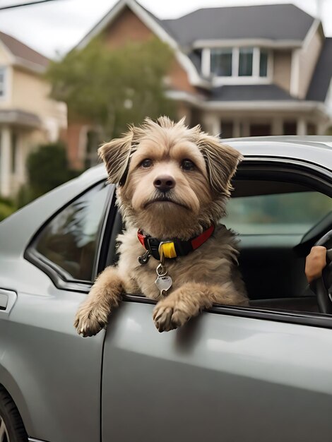Un cane che guida una macchina su una strada suburbana indossando un'immagine