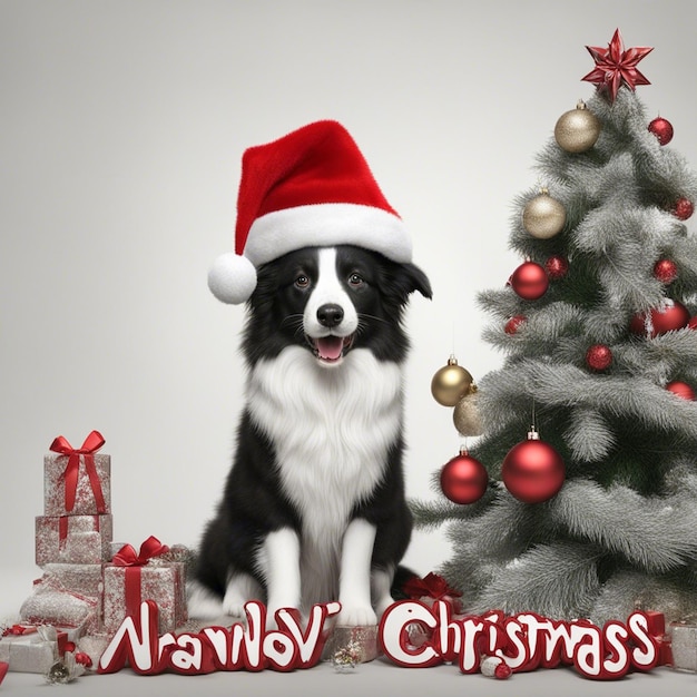 Un cane che indossa il cappello di Babbo Natale con albero di Natale e scatole regalo su fondo bianco