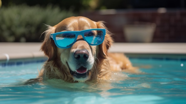 Un cane che indossa occhiali da sole blu nuota in una piscina