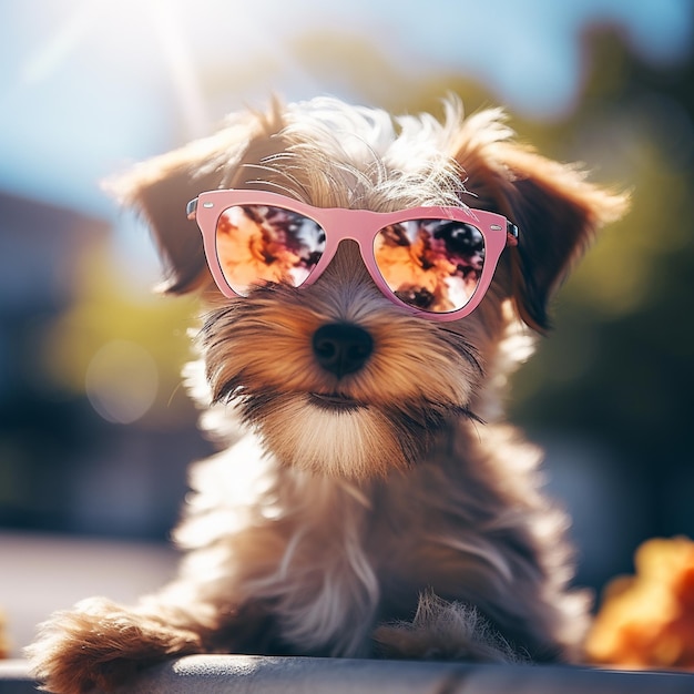 un cane che indossa occhiali da sole che dice "il cane indossa"