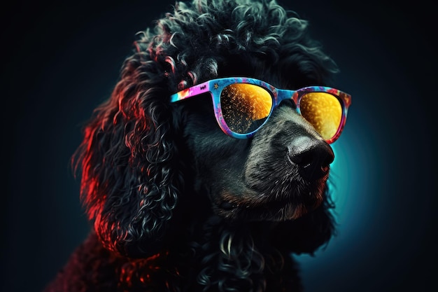 Un cane che indossa occhiali da sole colorati e un barboncino nero che indossa occhiali da sole colorati arcobaleno.