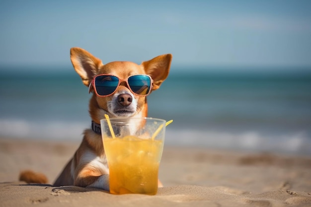 Un cane che indossa occhiali da sole e beve un cocktail sulla spiaggia