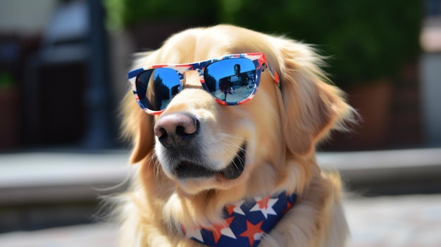 Un cane che indossa occhiali da sole e una bandana rossa, bianca e blu siede su un marciapiede.
