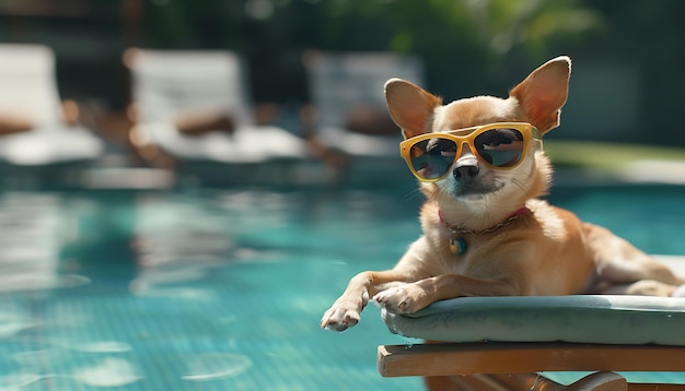 un cane che indossa occhiali da sole si siede su un ponte della piscina