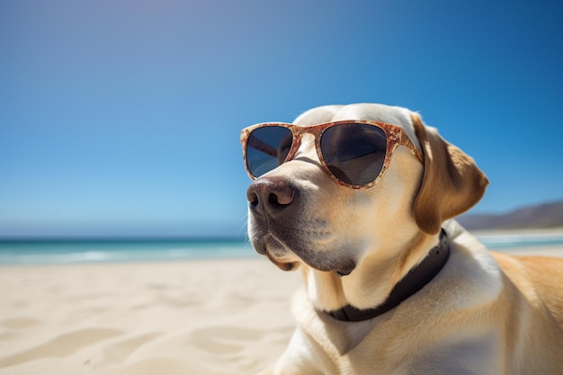 Un cane che indossa occhiali da sole si siede su una spiaggia