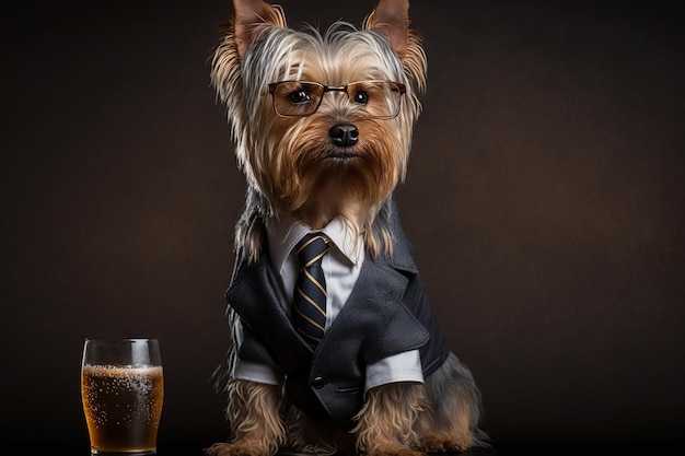 Un cane che indossa un abito e gli occhiali si siede accanto a un bicchiere pieno di birra