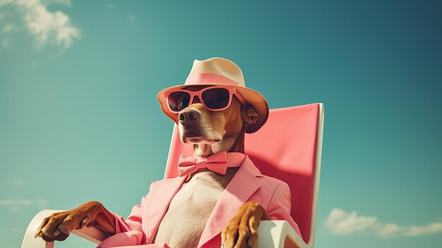 un cane che indossa un abito rosa e occhiali da sole si trova di fronte a un cielo blu.