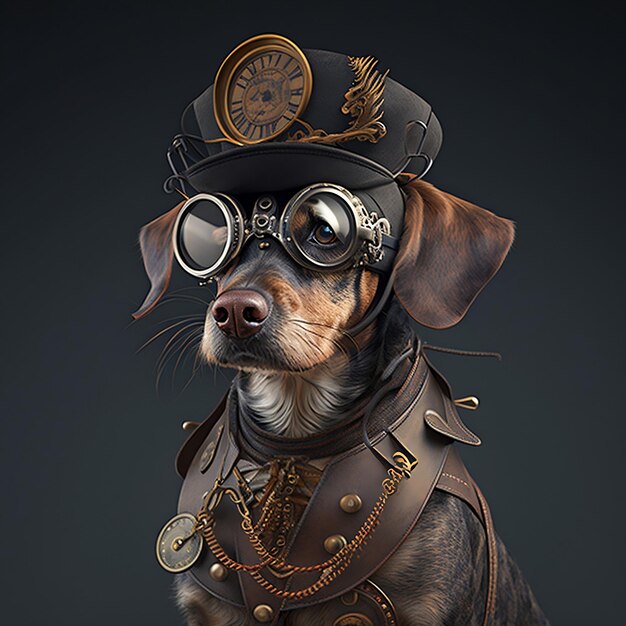 Un cane che indossa un abito steampunk fa la guardia a Generative Ai