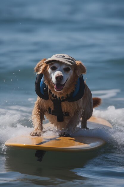 Un cane che indossa un cappello cavalca una tavola da surf nell'oceano.