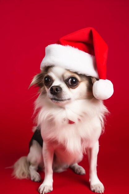 Un cane che indossa un cappello da Babbo Natale e occhiali da sole