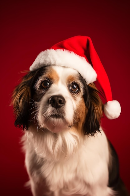 Un cane che indossa un cappello da Babbo Natale e occhiali da sole