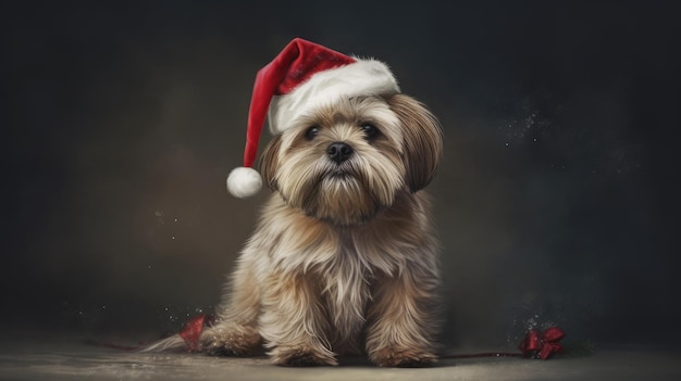 Un cane che indossa un cappello da Babbo Natale si siede su un tavolo.