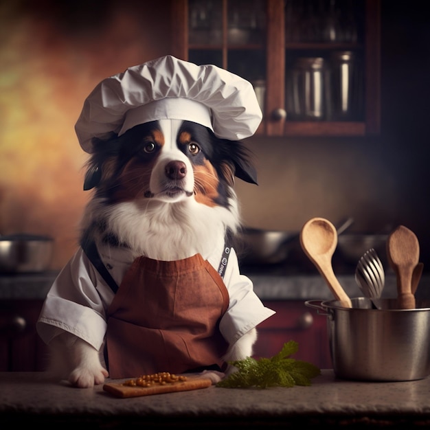 Un cane che indossa un cappello da chef si siede davanti a una pentola di cibo.
