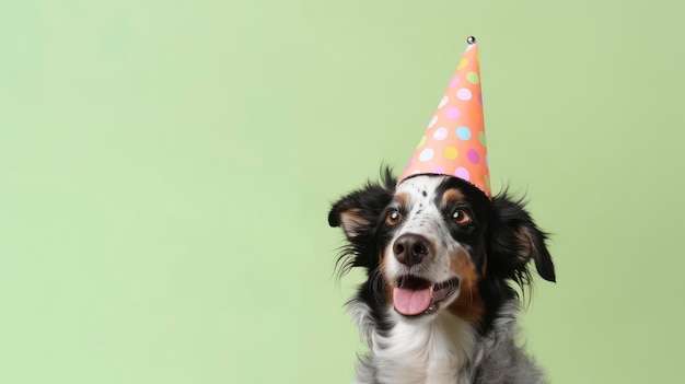 Un cane che indossa un cappello da festa con uno sfondo verde