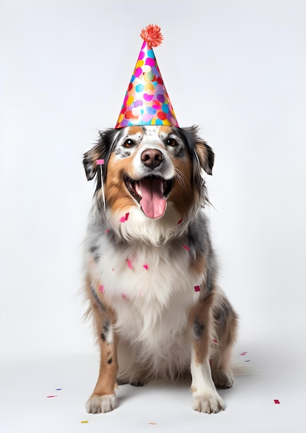 Un cane che indossa un cappello da festa e un cappello da festa.