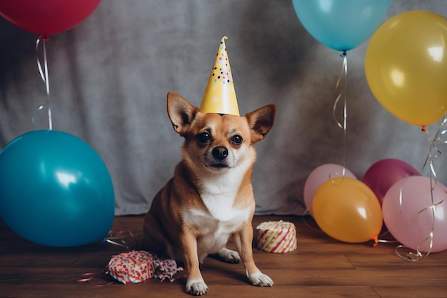 Un cane che indossa un cappello da festa si siede davanti a un mucchio di palloncini