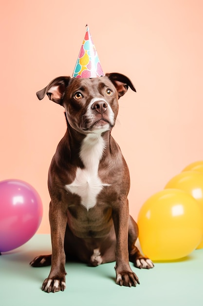 Un cane che indossa un cappello da festa siede davanti a uno sfondo rosa con palloncini.