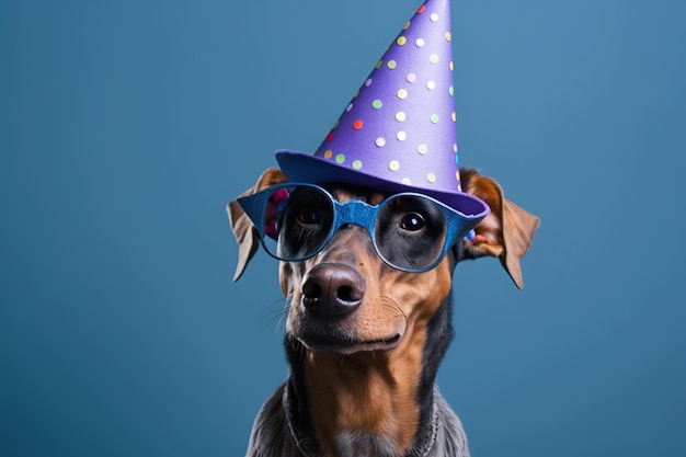 Un cane che indossa un cappello e occhiali da festa