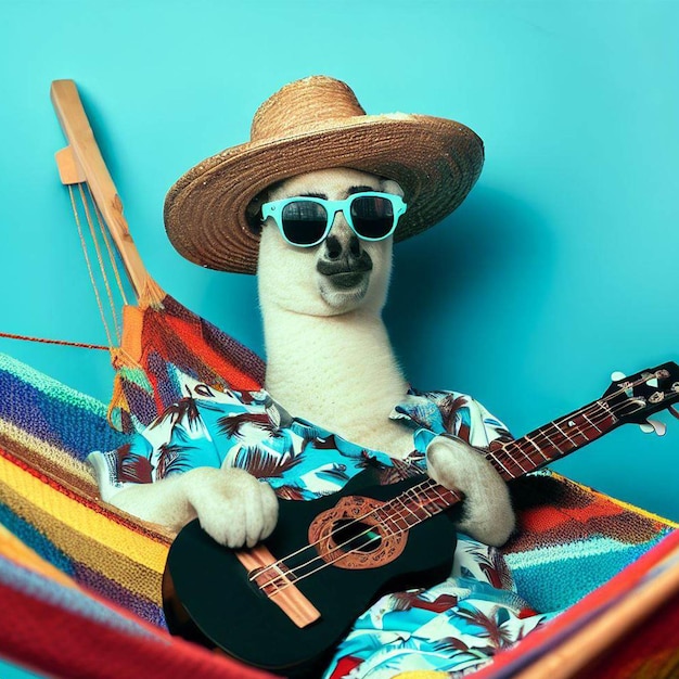 Un cane che indossa un cappello e occhiali da sole si siede su un'amaca con una chitarra.