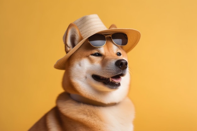 Un cane che indossa un cappello e occhiali da sole si siede su uno sfondo giallo.