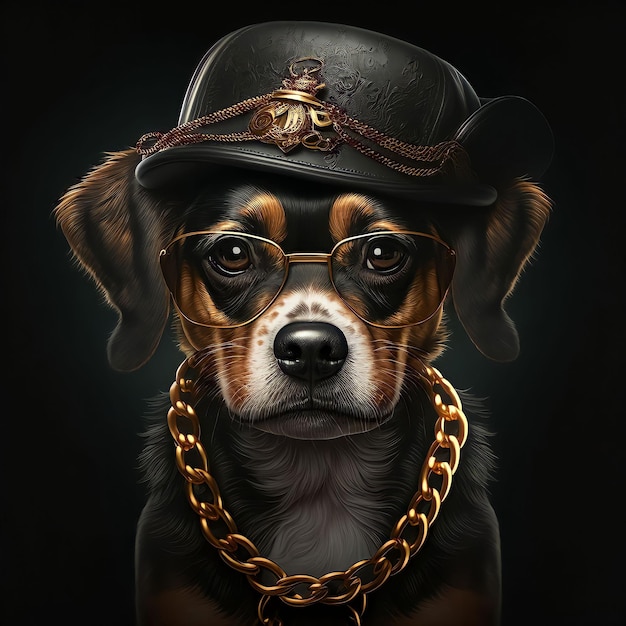 Un cane che indossa un cappello e un cappello con la scritta "sopra"