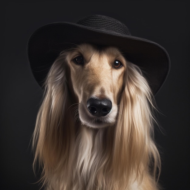Un cane che indossa un cappello nero e un cappello nero.