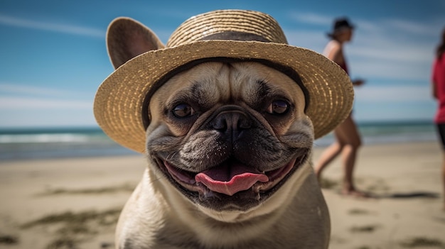 Un cane che indossa un cappello su una spiaggia