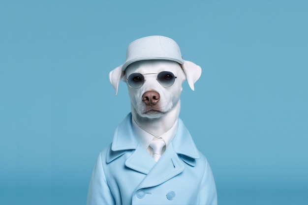 Un cane che indossa un cappotto e un cappello blu si trova davanti a uno sfondo blu.