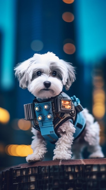 Un cane che indossa un giubbotto con su scritto "robot".