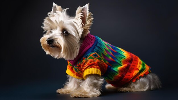 Un cane che indossa un maglione arcobaleno è in piedi davanti a uno sfondo nero.