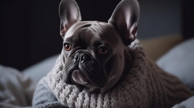 Un cane che indossa un maglione con sopra la scritta "cane".