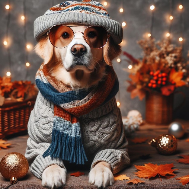 un cane che indossa un maglione con un maglione e una sciarpa che dice "quot pom quot"