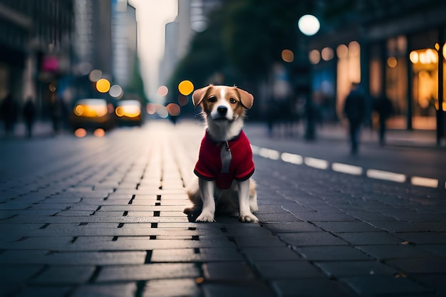 un cane che indossa un maglione rosso è seduto su un marciapiede di mattoni.